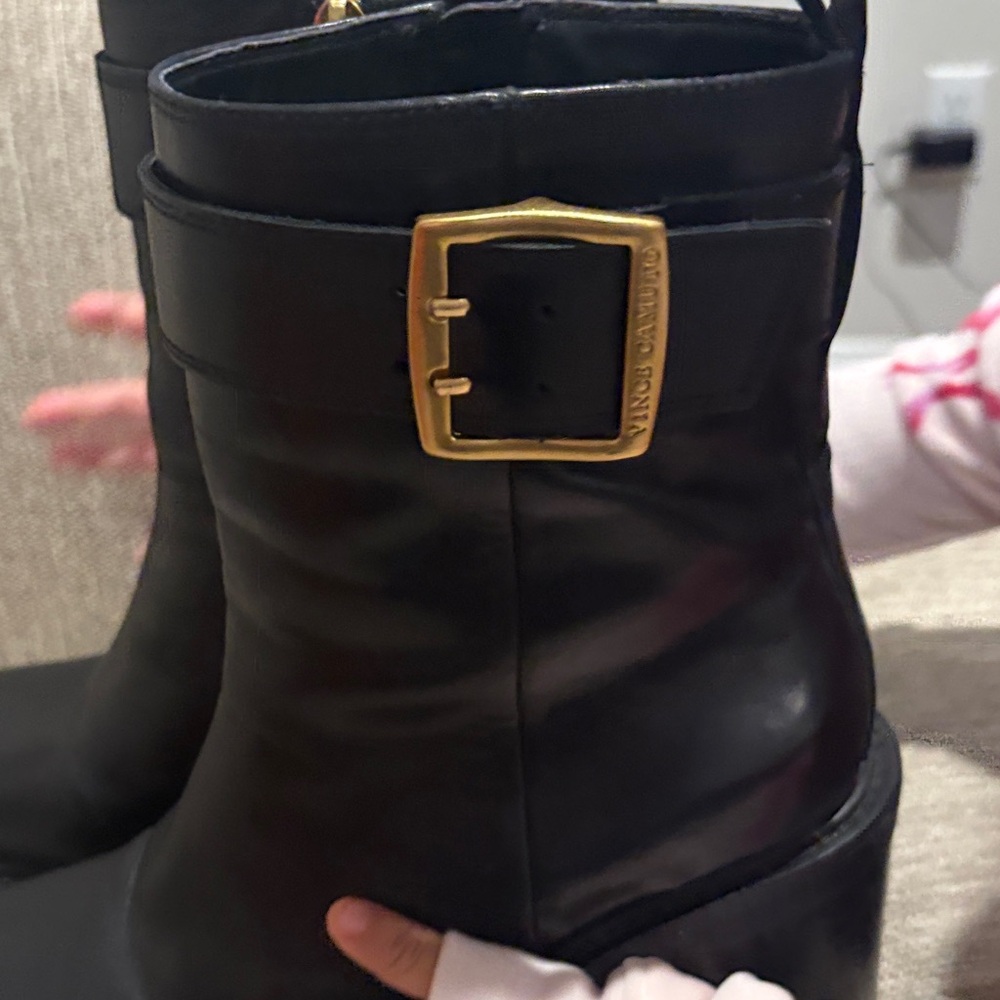 Vince Camuto Black Heeled Boots with Gold Accent - Picture 3 of 5